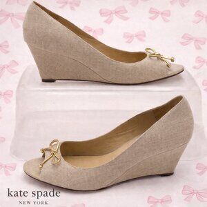 Kate Spade New York Beige Linen Peep Toe Wedge Pumps with Bow